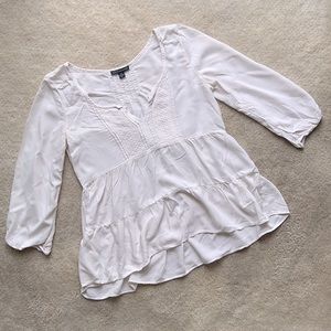 American Eagle Ivory Embroidered Babydoll 3/4 Sleeve Top